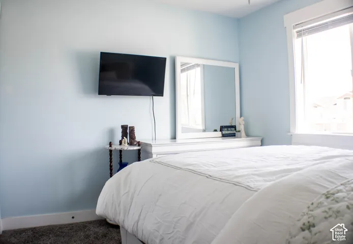 Plush carpeting, light blue wall paint, and a built-in wall-mounted television