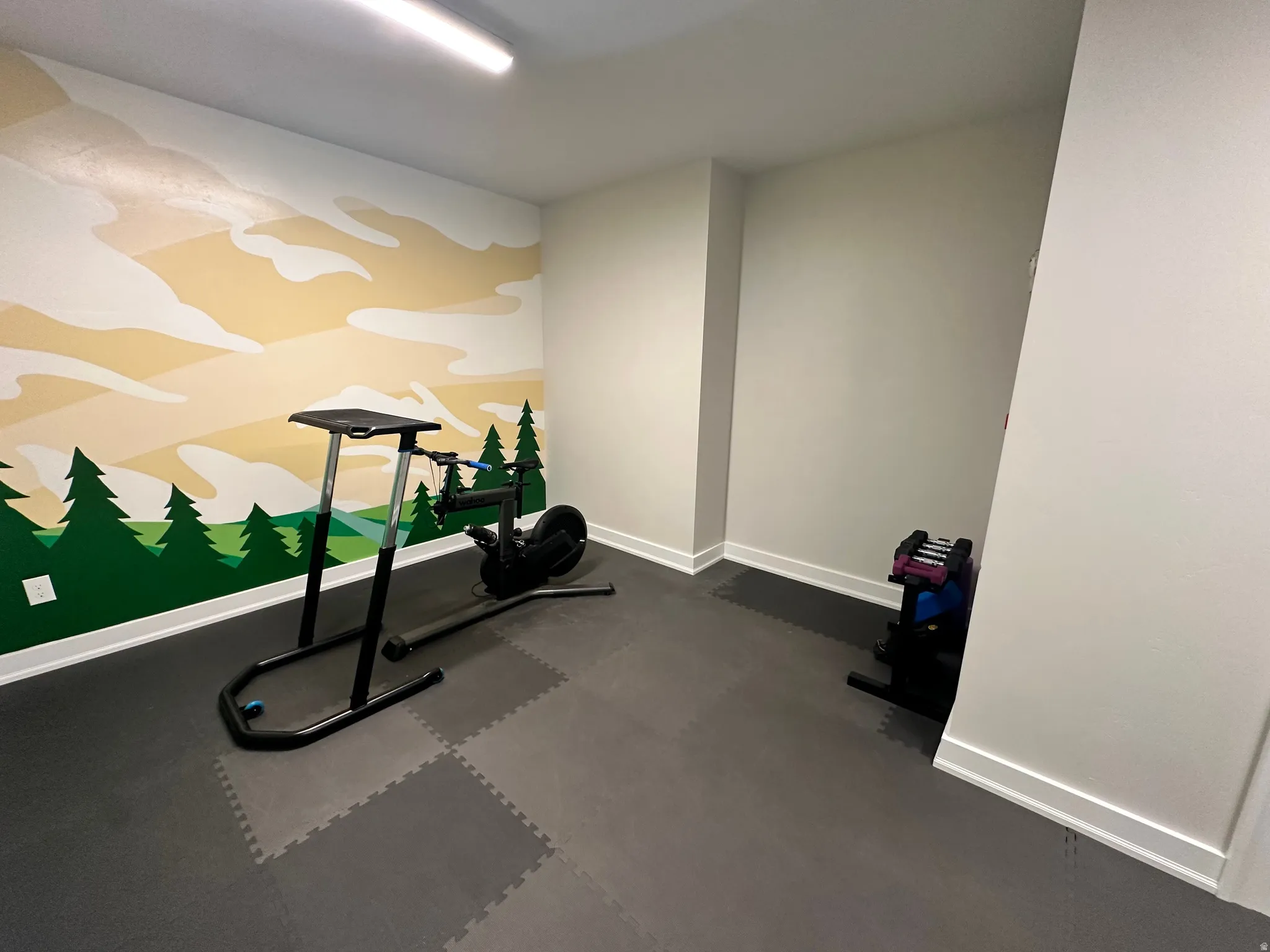 Workout area with baseboards and dark rubber floors