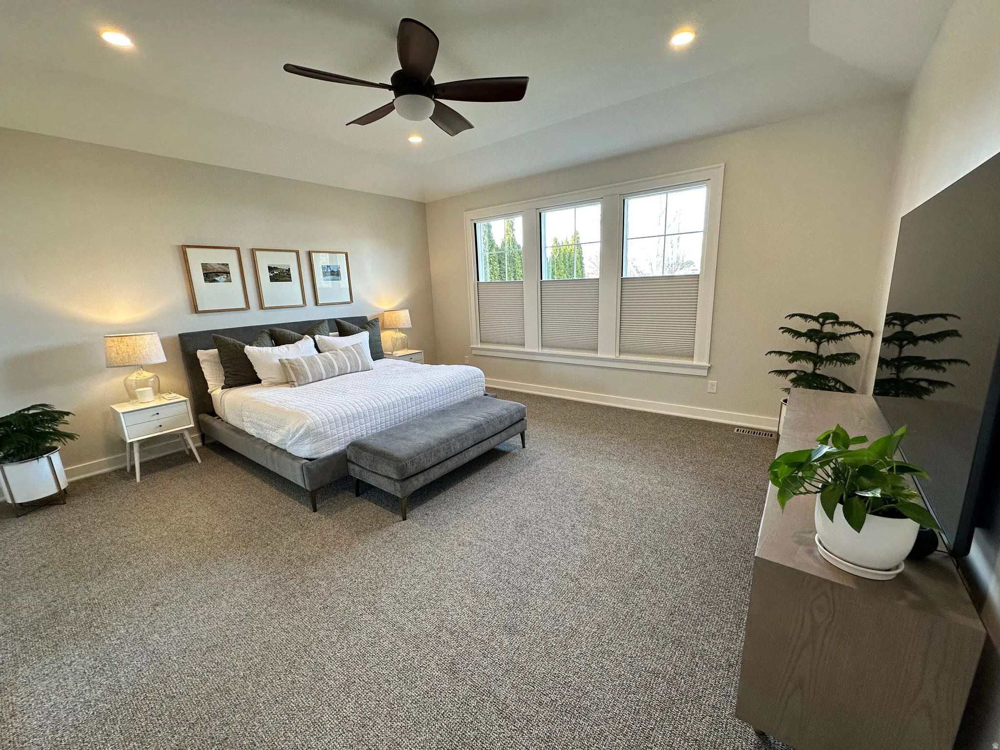Master Bedroom featuring carpet, a ceiling fan, and recessed lighting