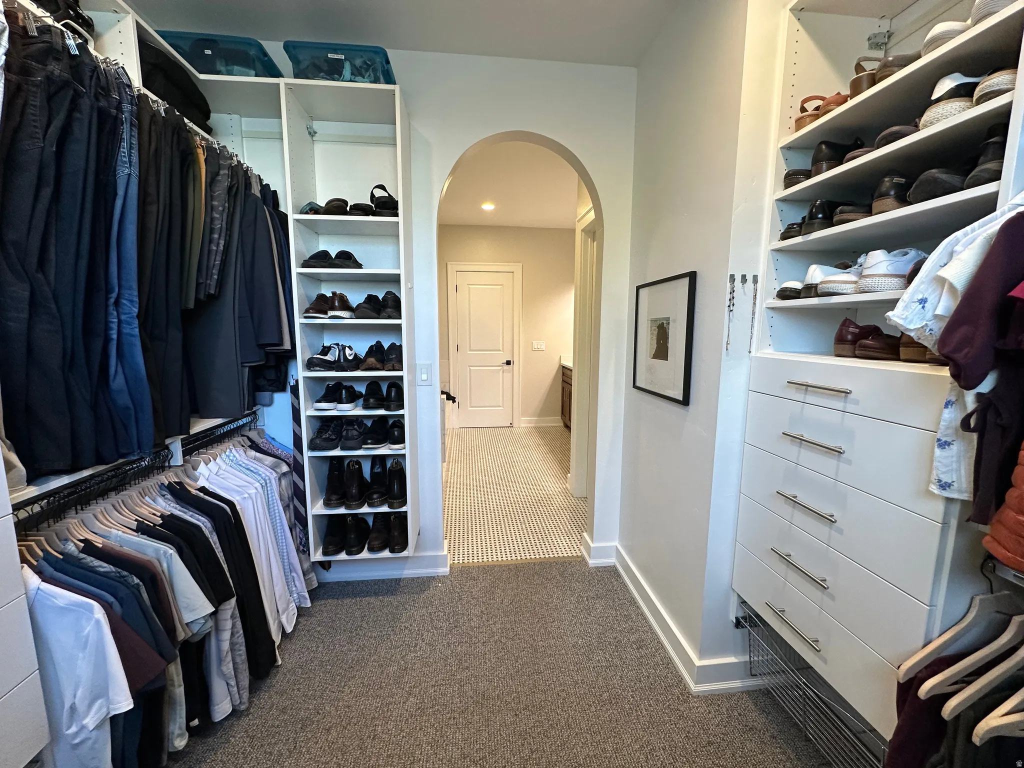 Master Walk in closet featuring arched walkways and dark carpet