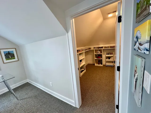 Interior space featuring lofted ceiling and dark carpet