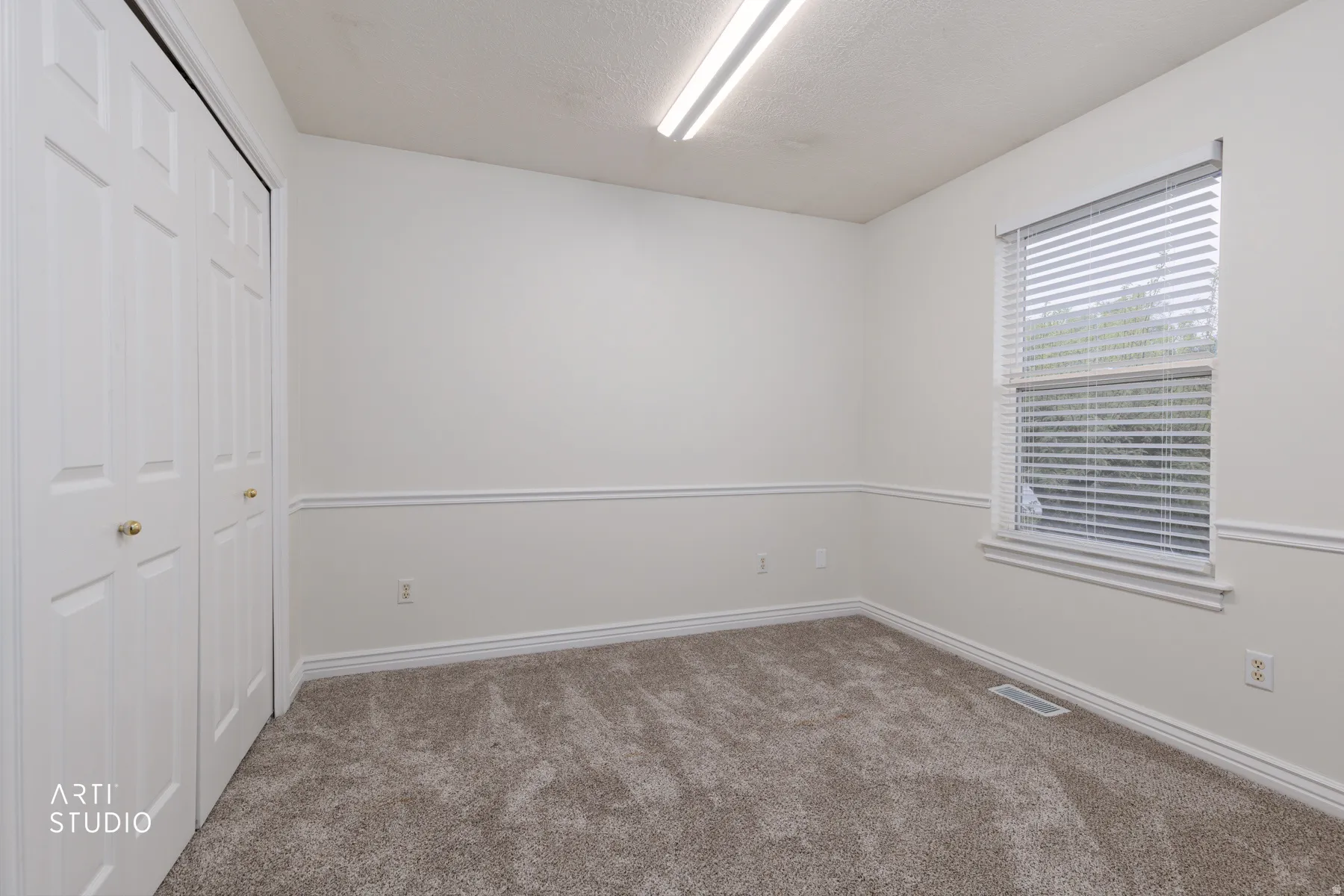 Unfurnished bedroom featuring carpet flooring and a closet