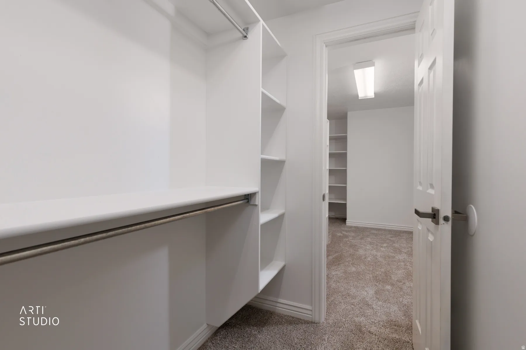 Walk in closet with light carpet