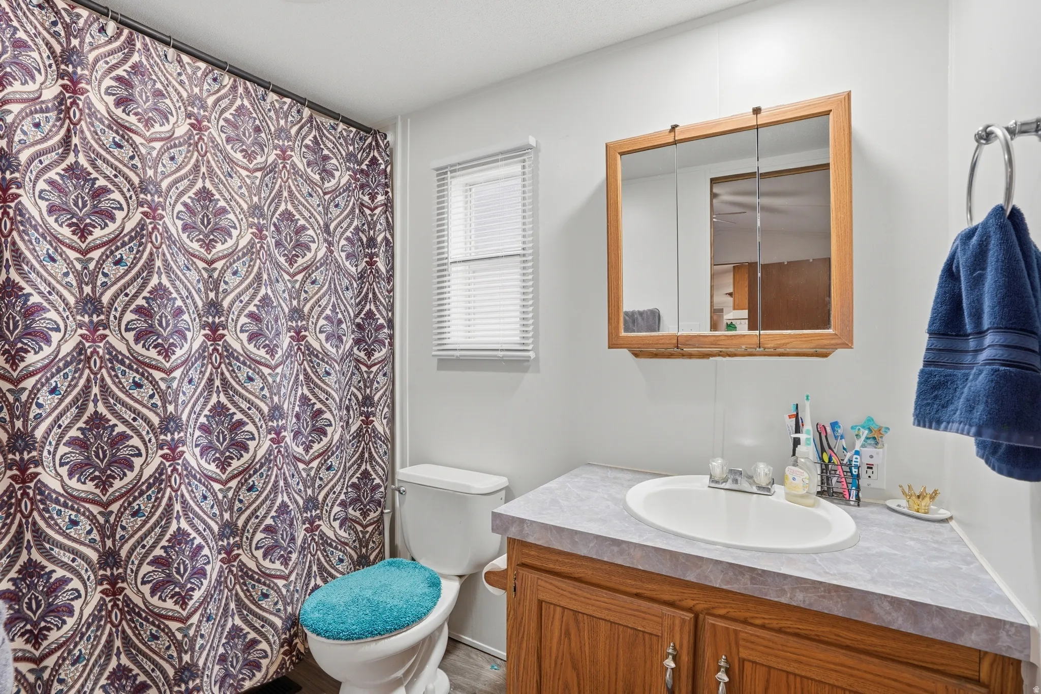 Full bath featuring vanity and curtained shower