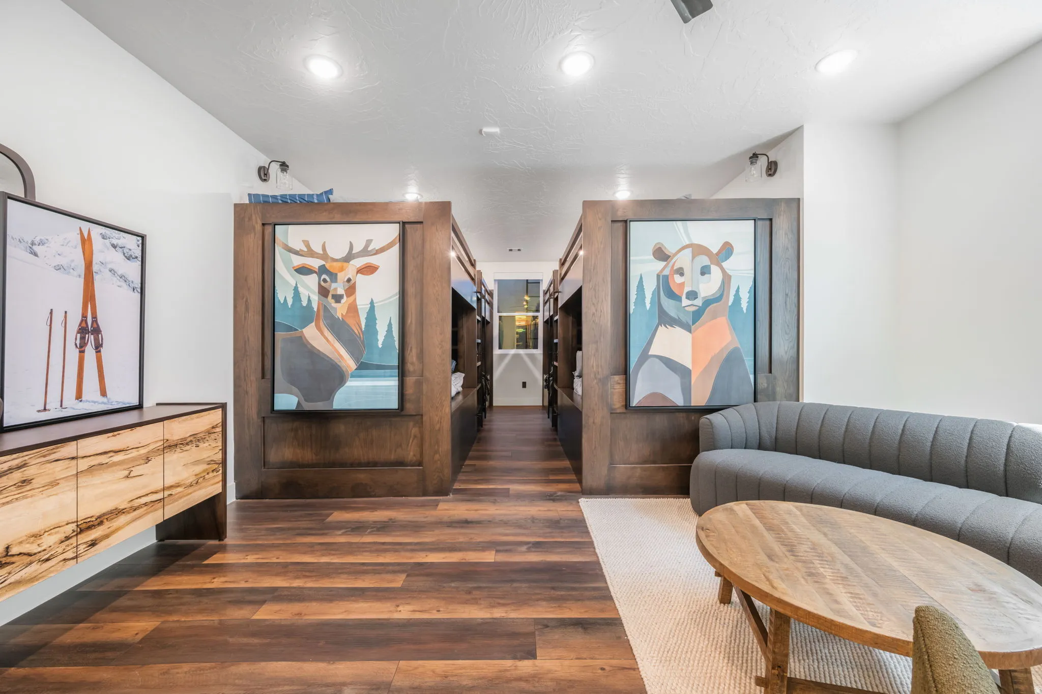 Hall featuring dark wood-type flooring and recessed lighting