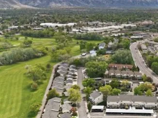 Aerial perspective of suburban area with mountains