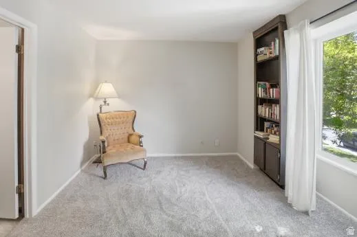 Unfurnished room with light colored carpet and baseboards