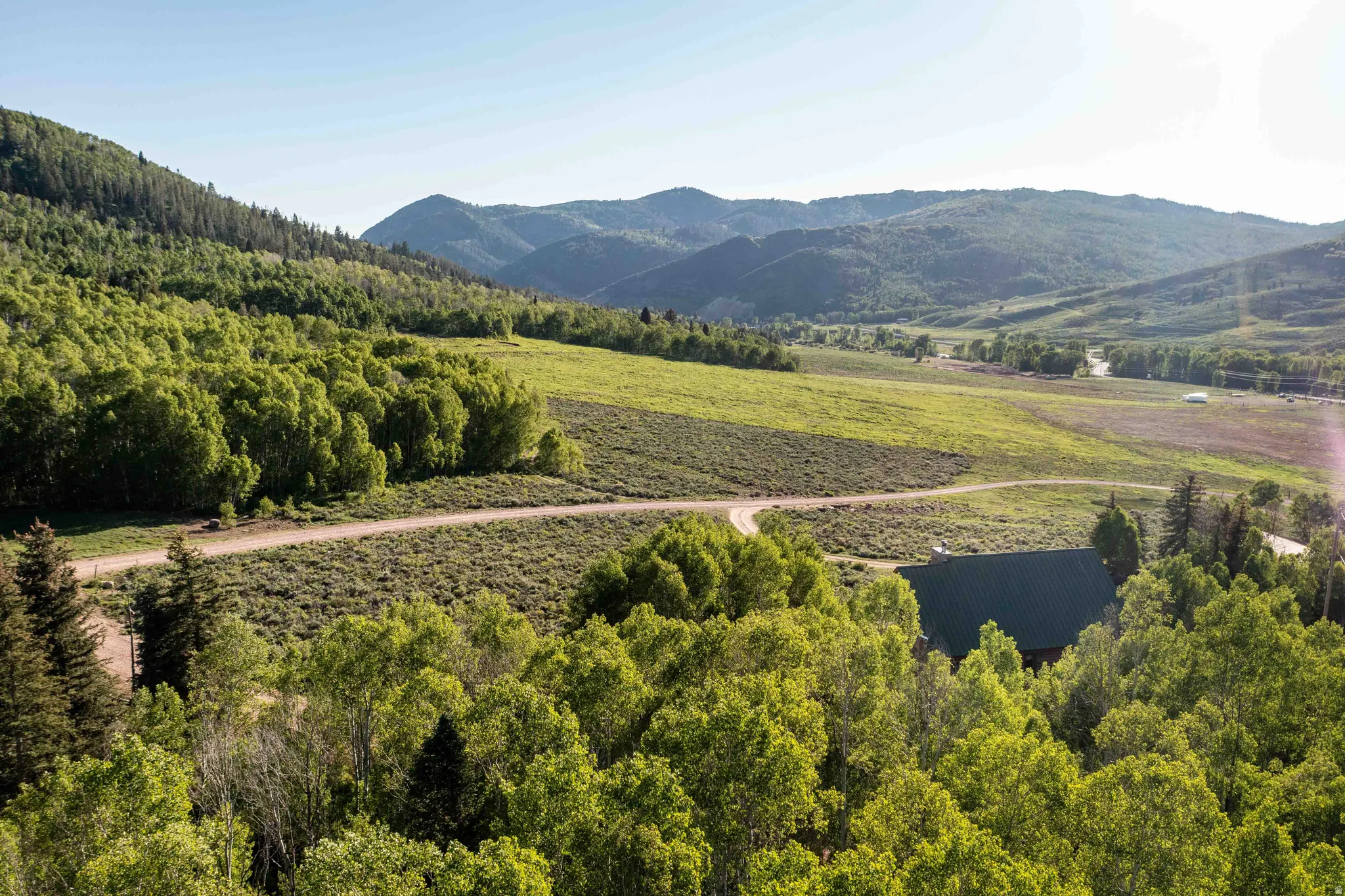 View of mountain background with rural landscape and a forest