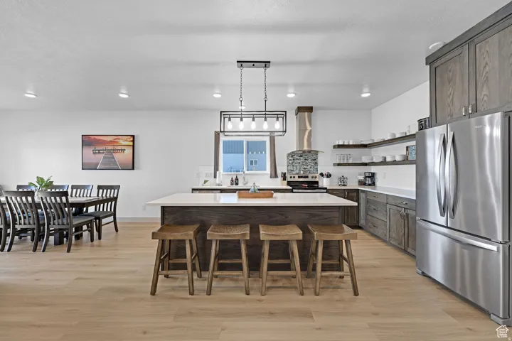Kitchen featuring stainless steel appliances, light wood-style floors, a breakfast bar, a kitchen island, and pendant lighting