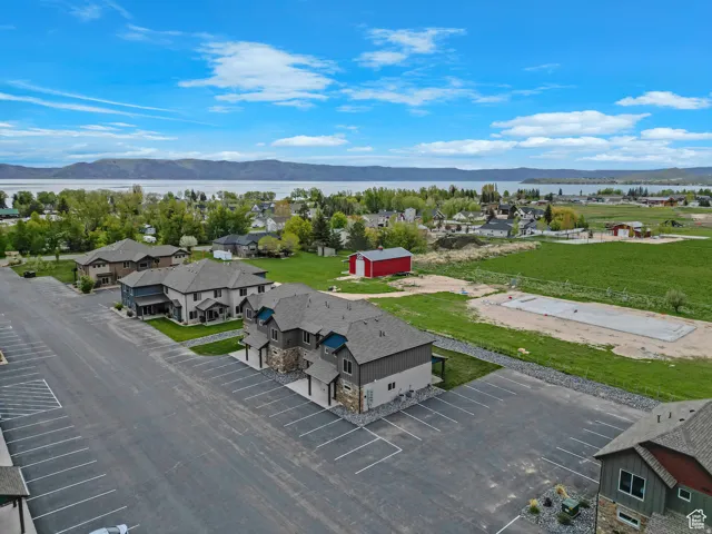 Aerial view of residential area with mountains