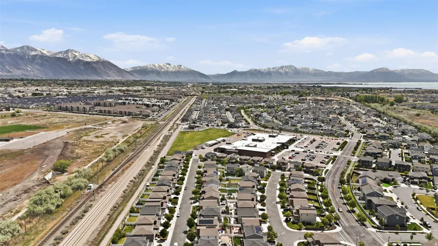 Aerial view of residential area with mountains
