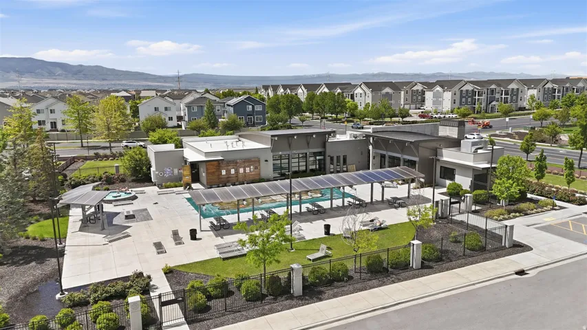 Aerial view of residential area with mountains