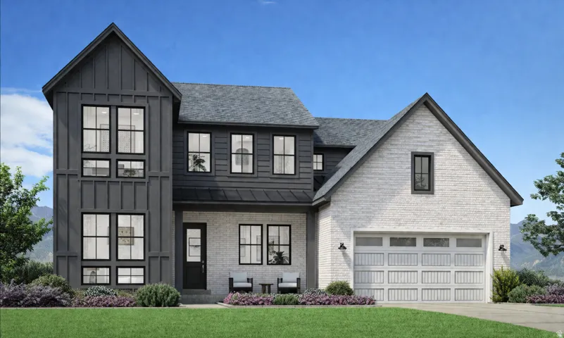 Modern inspired farmhouse with board and batten siding, brick siding.
