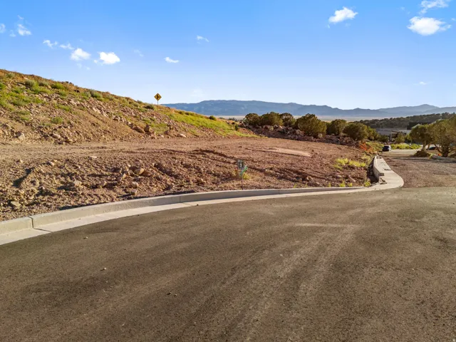 Paved road with integrated curbing bordering a sloped, undeveloped parcel