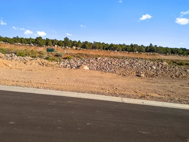 Cleared lot featuring a paved roadway and curb, with a natural rock and dirt embankment