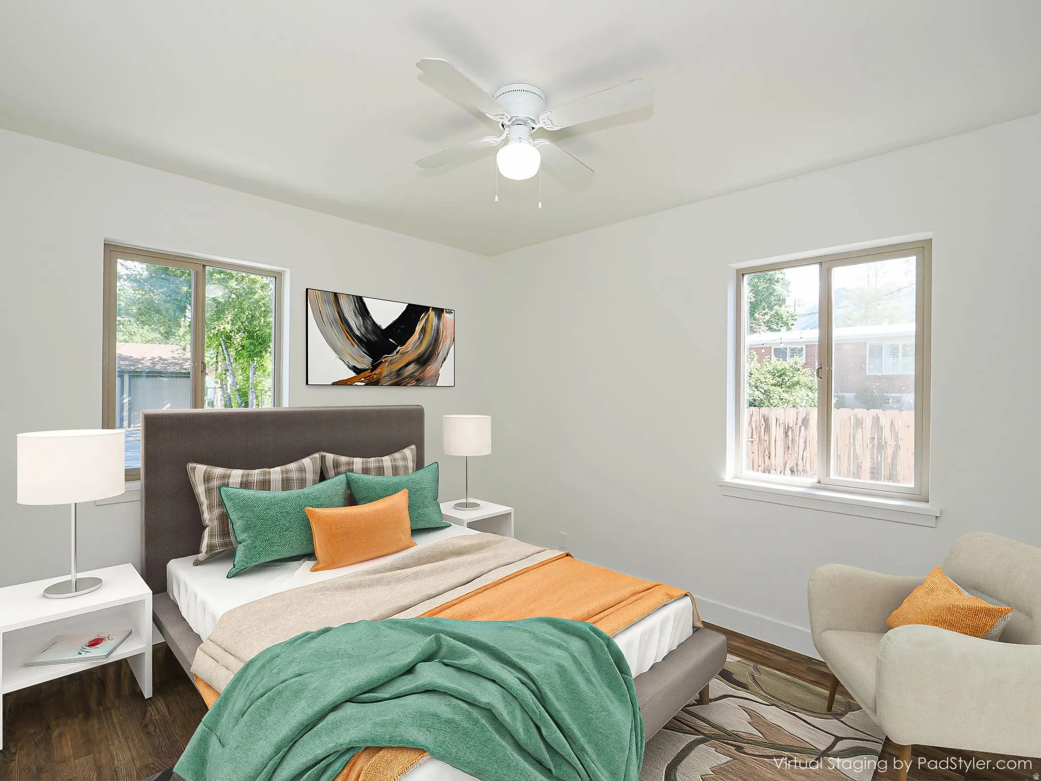 Bedroom with wood finished floors and a ceiling fan