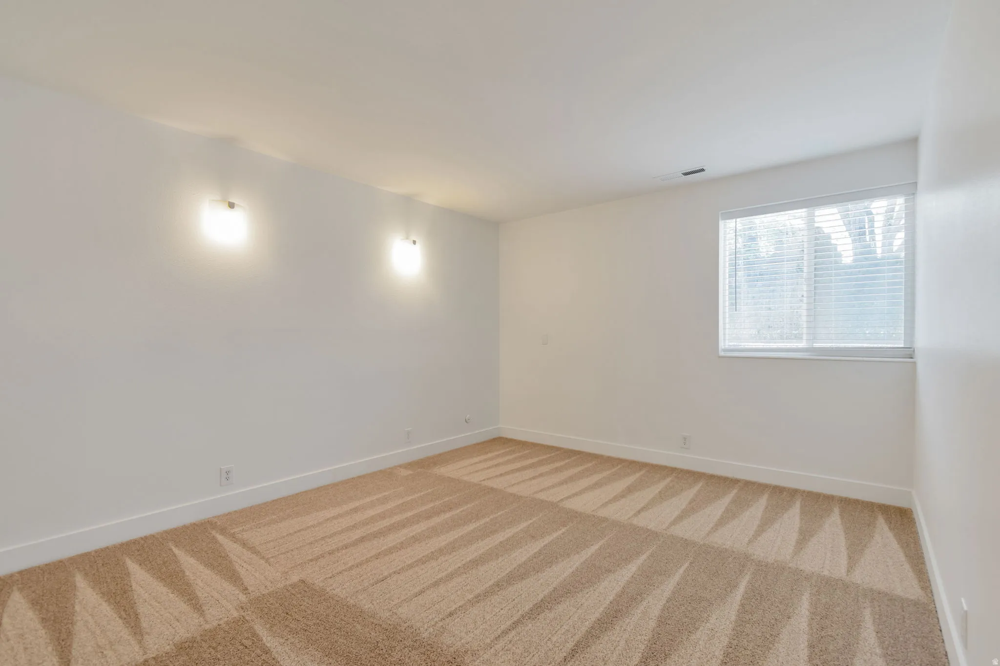 Unfurnished room featuring baseboards and light carpet