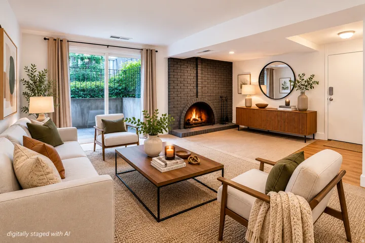 Living room featuring a brick fireplace with an arched opening, sliding glass doors to the outdoor patio, recessed lighting, and light wood-finish flooring