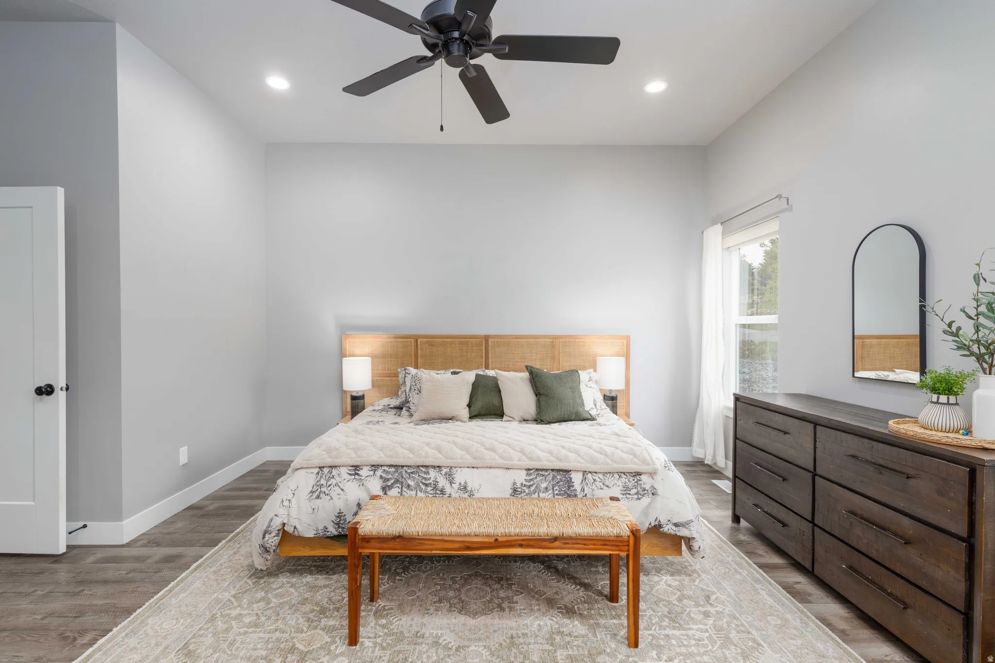 Bedroom with recessed lighting, light wood-type flooring, and ceiling fan