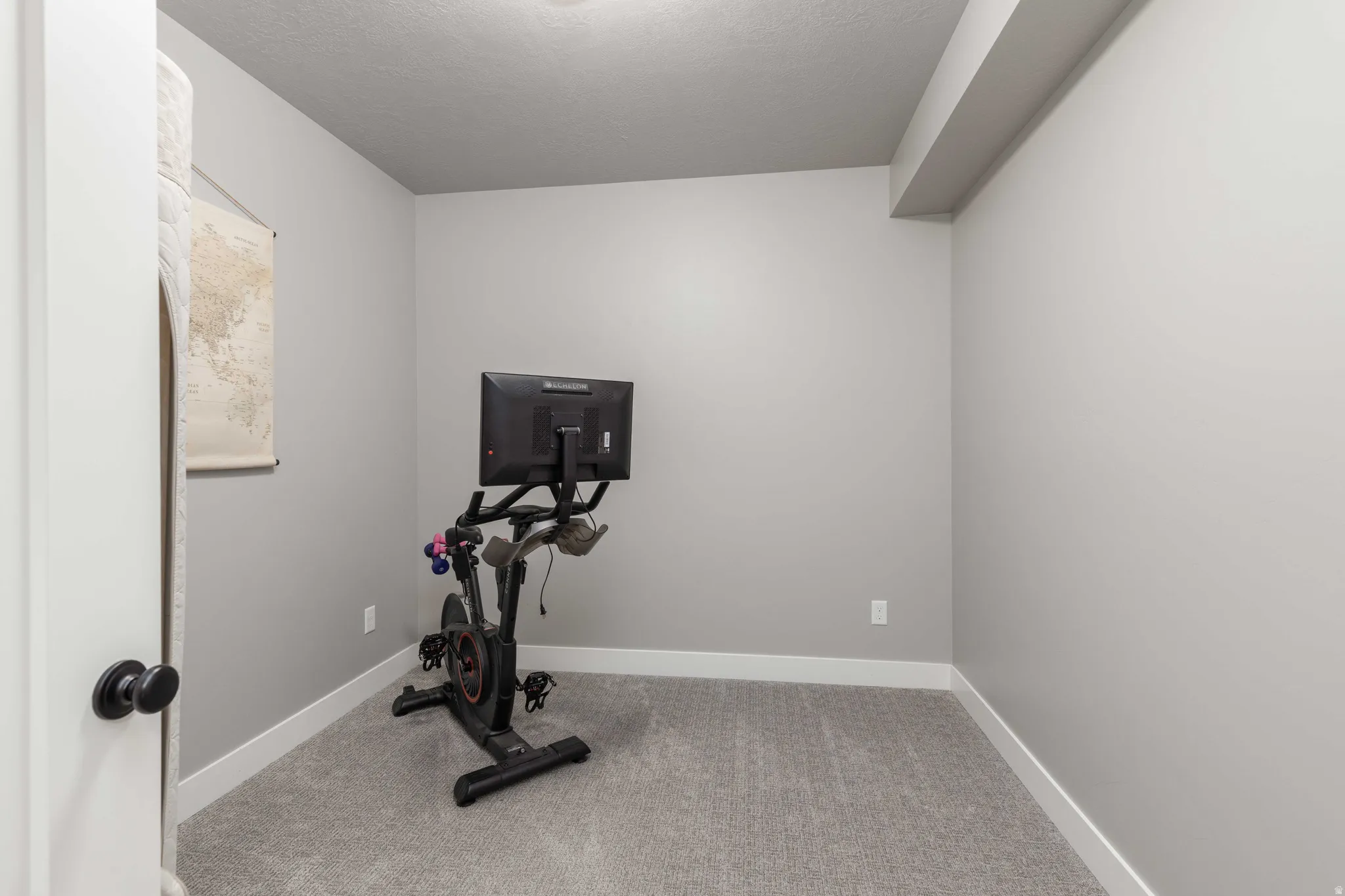 Workout area featuring light colored carpet and baseboards
