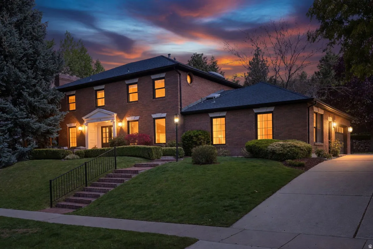View of front of property featuring brick siding, driveway, a front lawn, and a garage