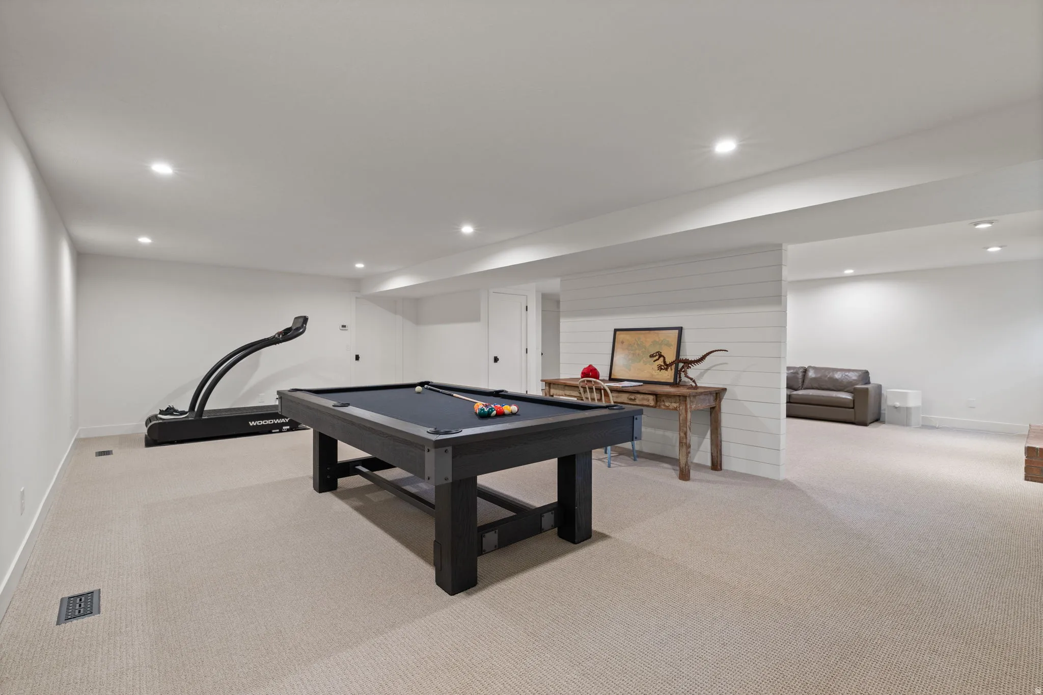 Rec room featuring light colored carpet, pool table, and recessed lighting