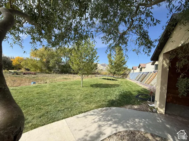 Fenced backyard featuring a trampoline