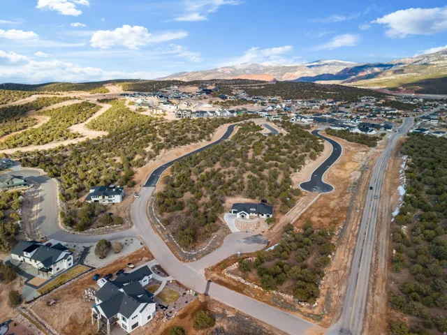 Aerial view of residential area with mountains