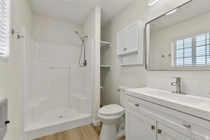 Full bath with healthy amount of natural light, vanity, a stall shower, and light wood finished floors