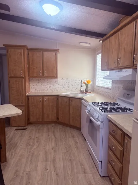 Kitchen featuring white appliances, light countertops, light wood finished floors, and wood finish cabinets