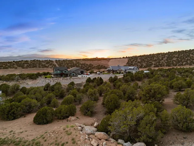 Desert landscape with scattered evergreen trees and distant mountain ranges