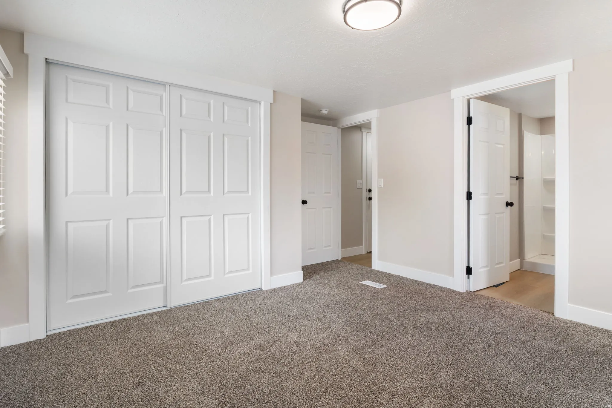 Unfurnished bedroom featuring light carpet and a closet