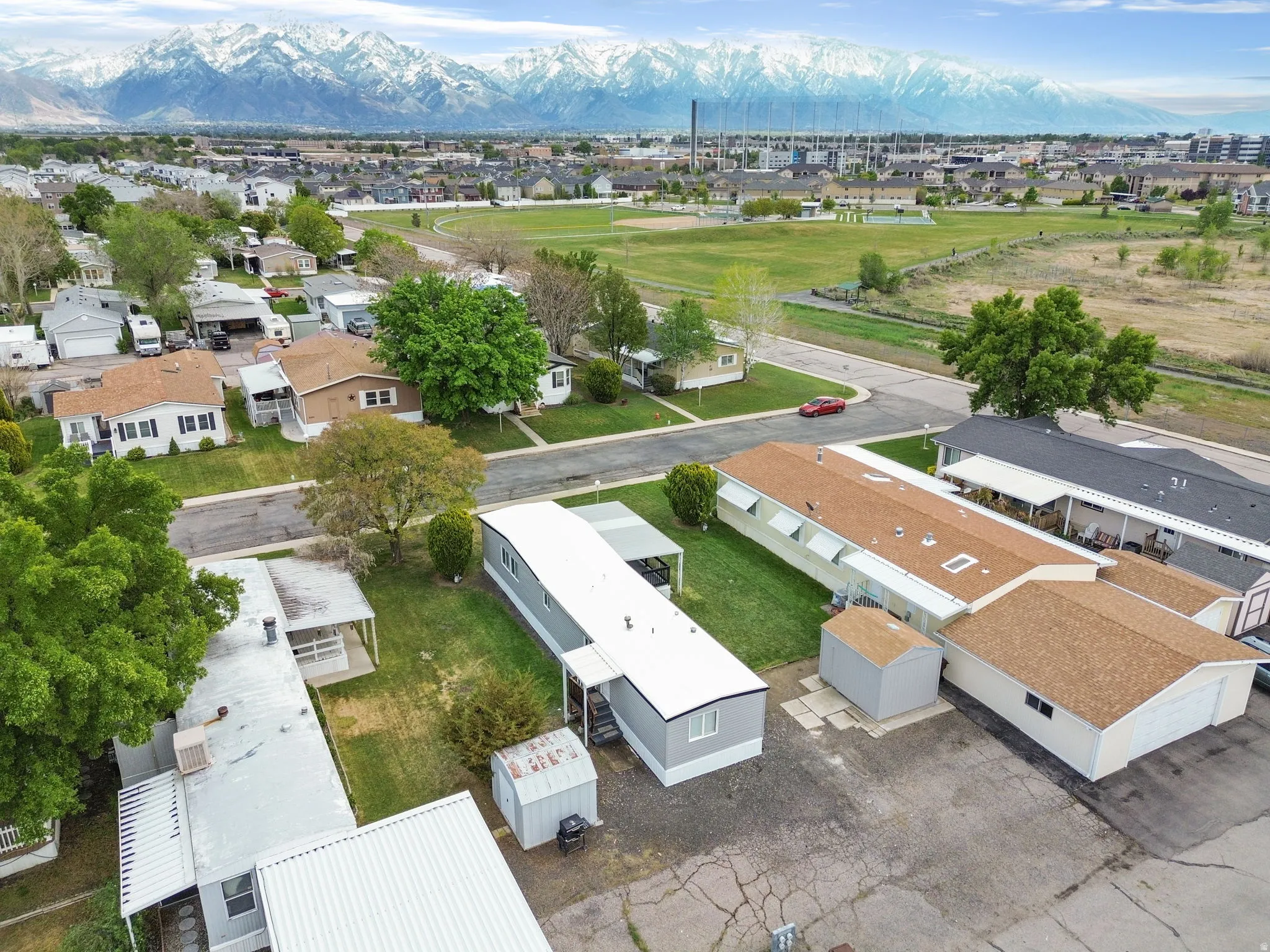 Aerial view of residential area with mountains