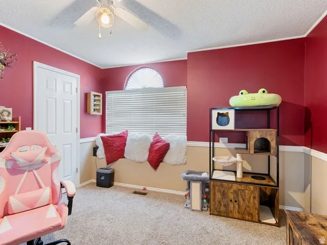 Rec room featuring carpet floors, a ceiling fan, and a textured ceiling