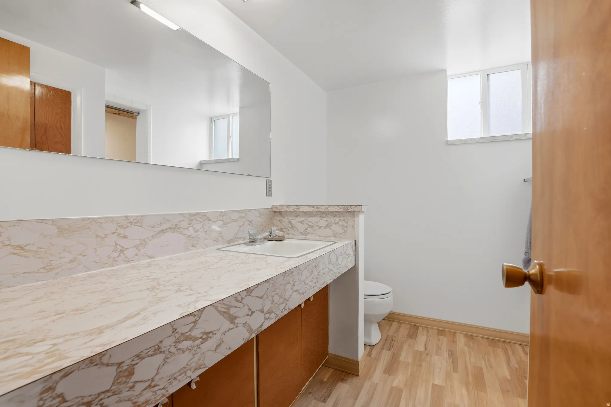 Bathroom with vanity and light wood-type flooring