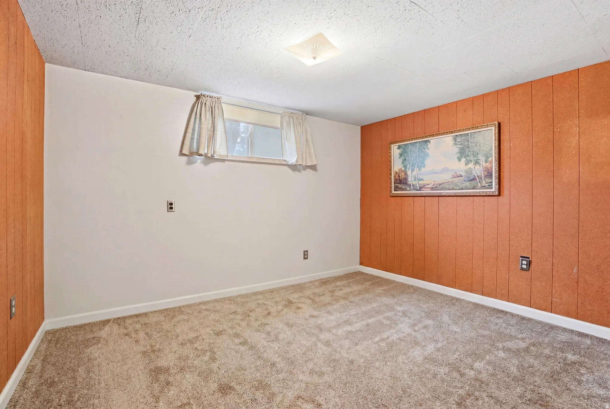 Carpeted spare room featuring wood walls and an accent wall