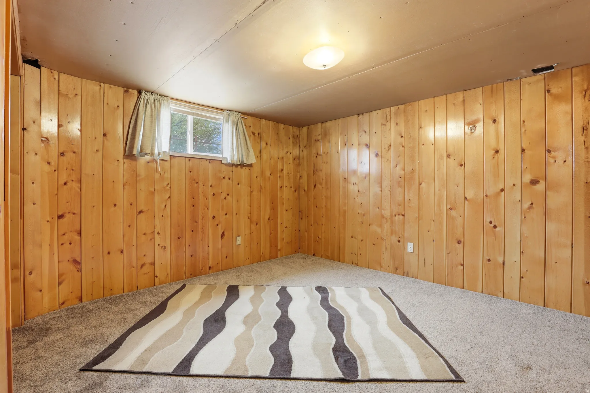 Carpeted spare room featuring wooden walls