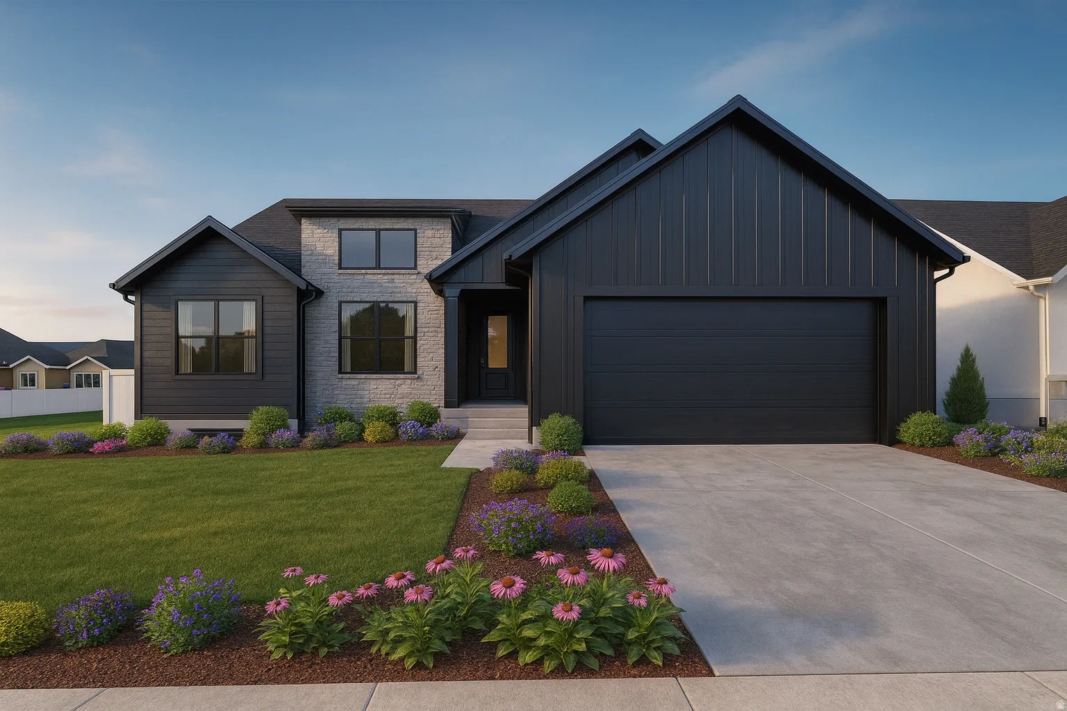 Modern exterior featuring dark vertical siding and light-colored stone accents