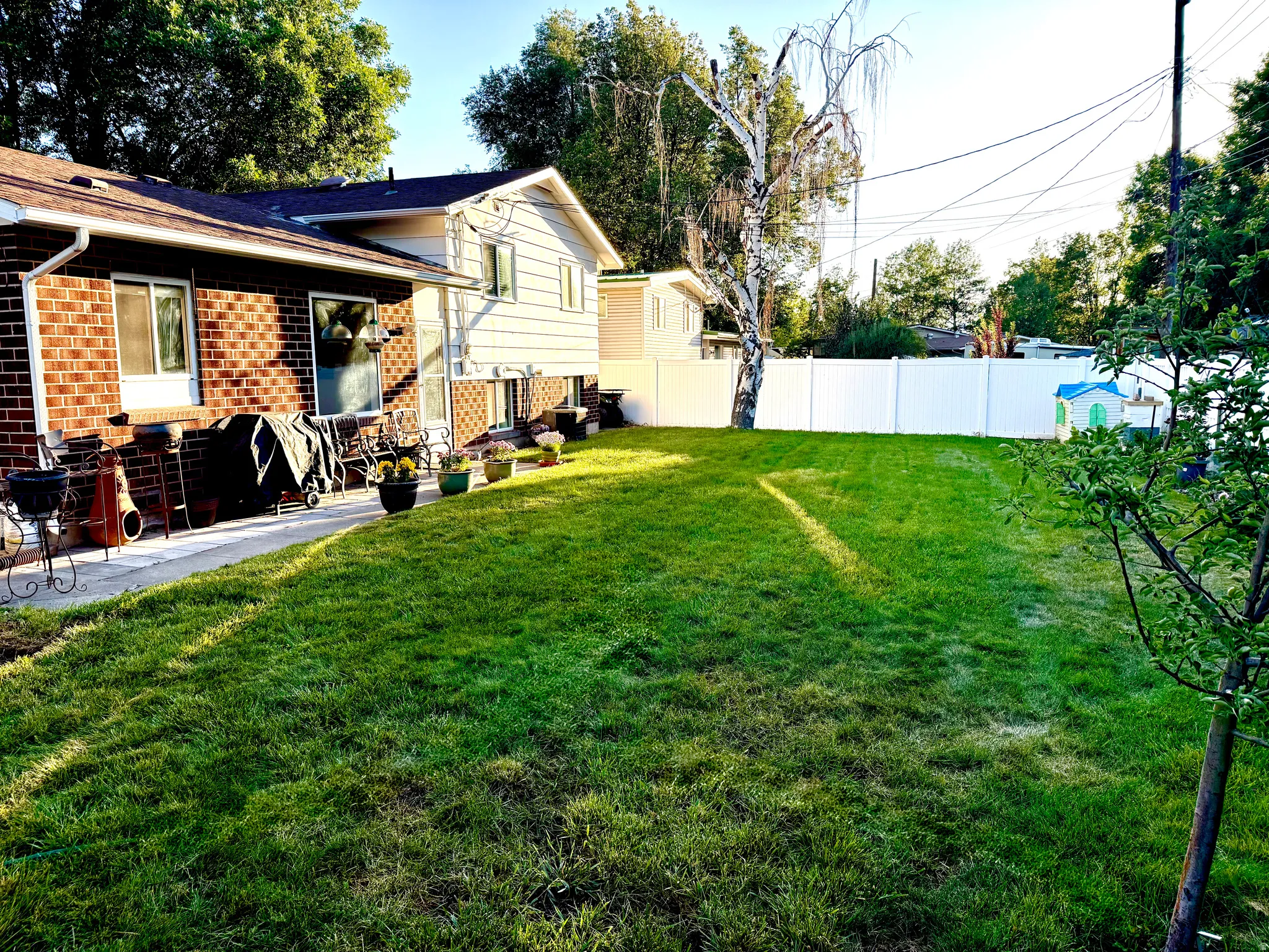Expansive green lawn with a white privacy fence
