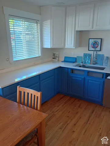 Kitchen featuring white upper cabinetry and blue lower cabinetry,