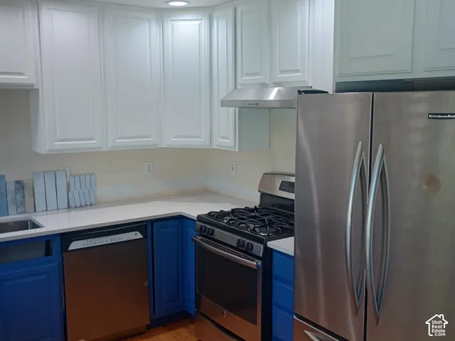 Stainless steel appliances, new blue paint on lower cabinetry.  Wood flooring throughout the kitchen.