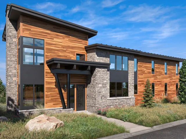 Modern home featuring stone siding