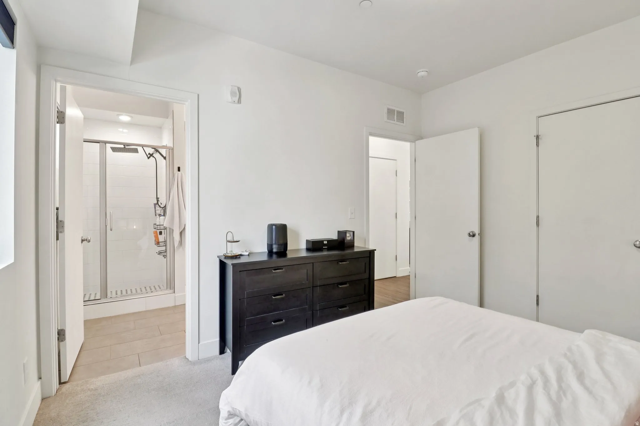 Bedroom with light carpet and a closet