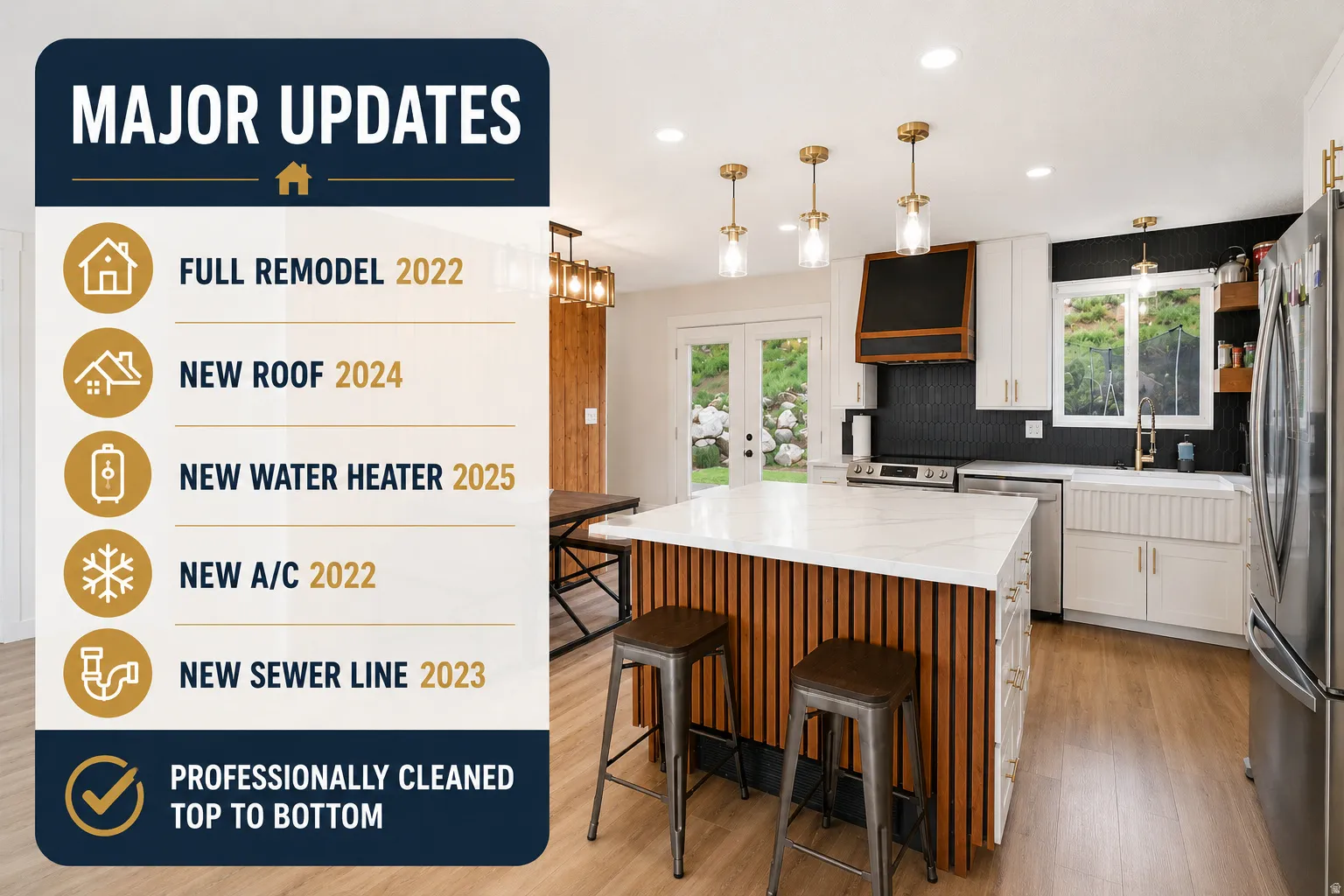 Modern kitchen featuring a central island with slatted wood-finish paneling and a light-toned countertop, white cabinetry with gold-tone hardware, a dark hexagonal tile backsplash, and stainless steel appliances