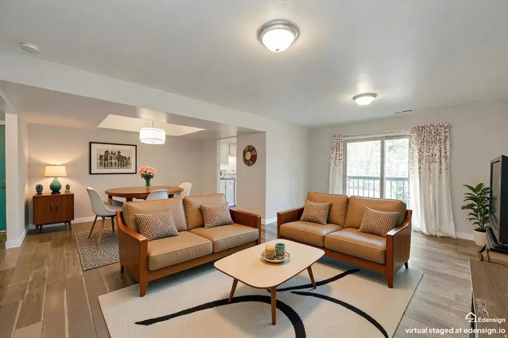Virtually Staged. Bright living area featuring wood-finish flooring, recessed ceiling lighting, and a sliding glass door leading to an outdoor space