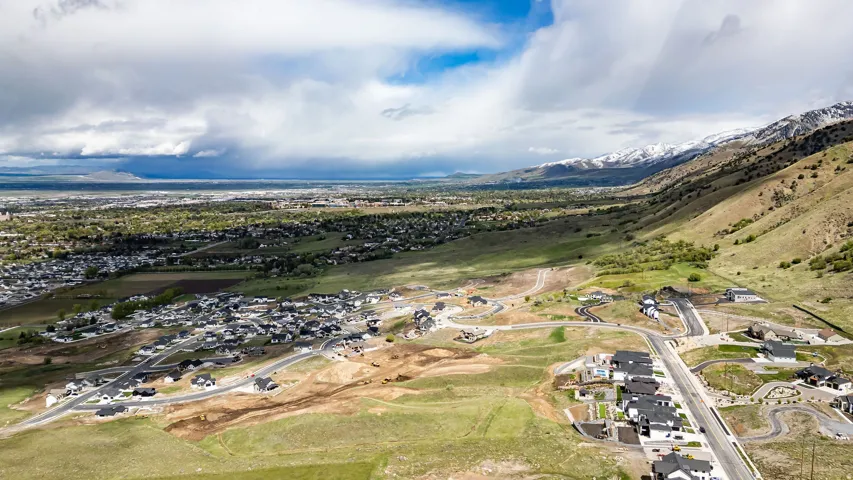 Aerial perspective of suburban area featuring mountains