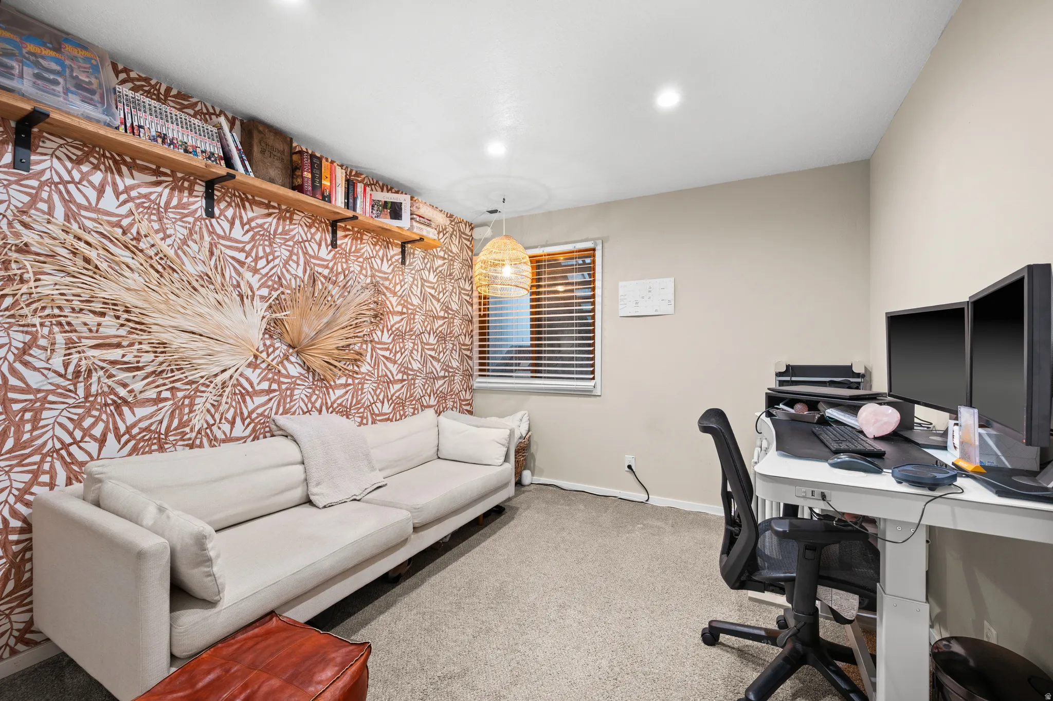 Bedroom2, currently used as office. Light colored carpet and recessed lighting. a Designers touch!