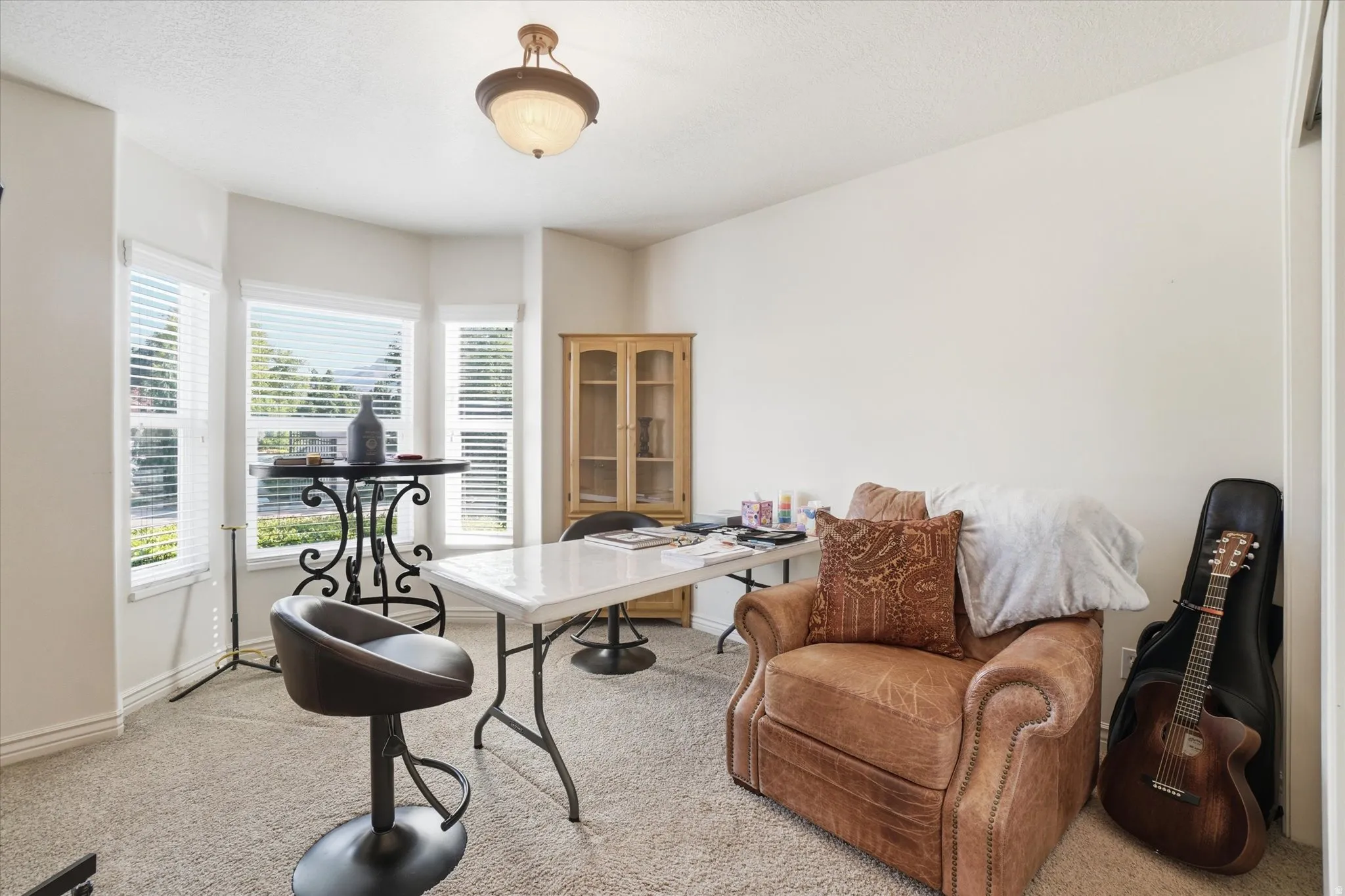 Room featuring bay windows, white window blinds, a built-in light fixture, and textured carpet flooring