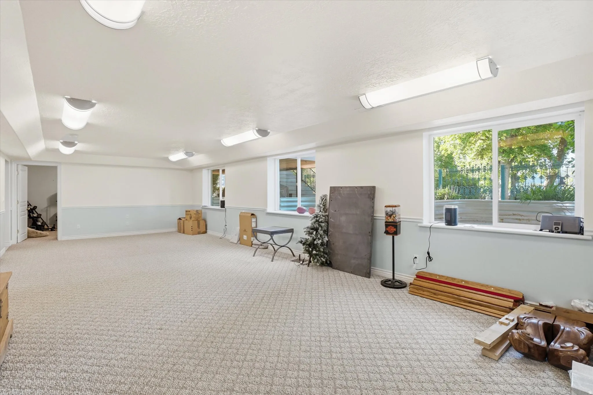 Spacious lower level featuring patterned carpeting, multiple recessed and fluorescent ceiling lights, and two large windows providing natural light