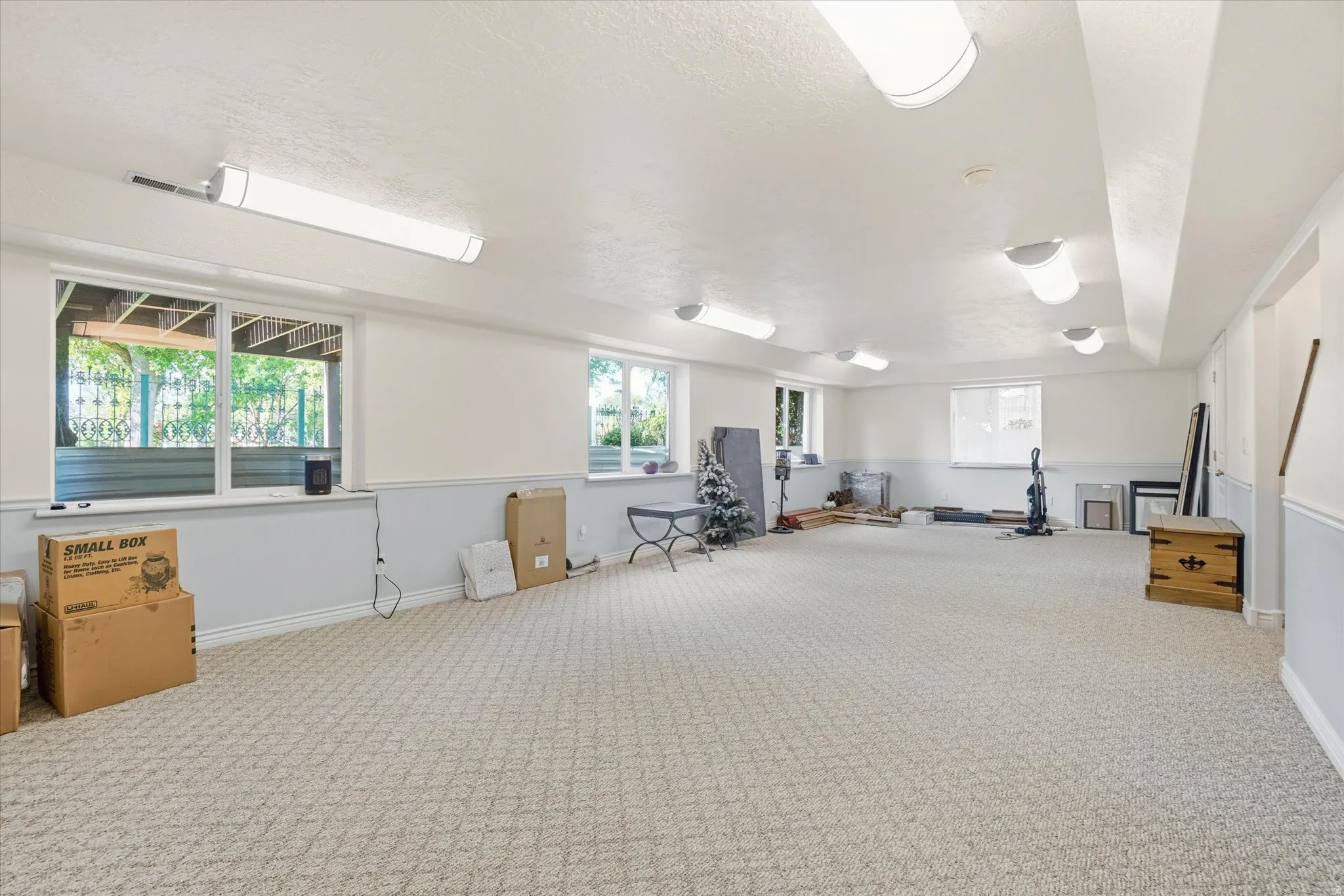 Spacious lower-level room featuring patterned carpeting, multiple windows, and extensive overhead lighting